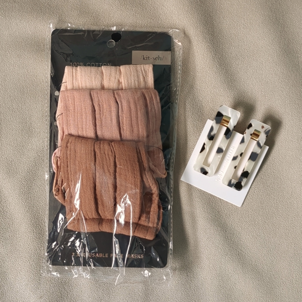 Three cloth face masks + hair clip set